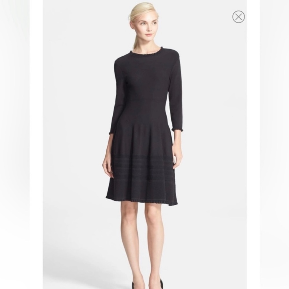 Kate Spade Sweater Dress Knit Pointelle Ruffle Neck Sleeves Fit & Flare Classic